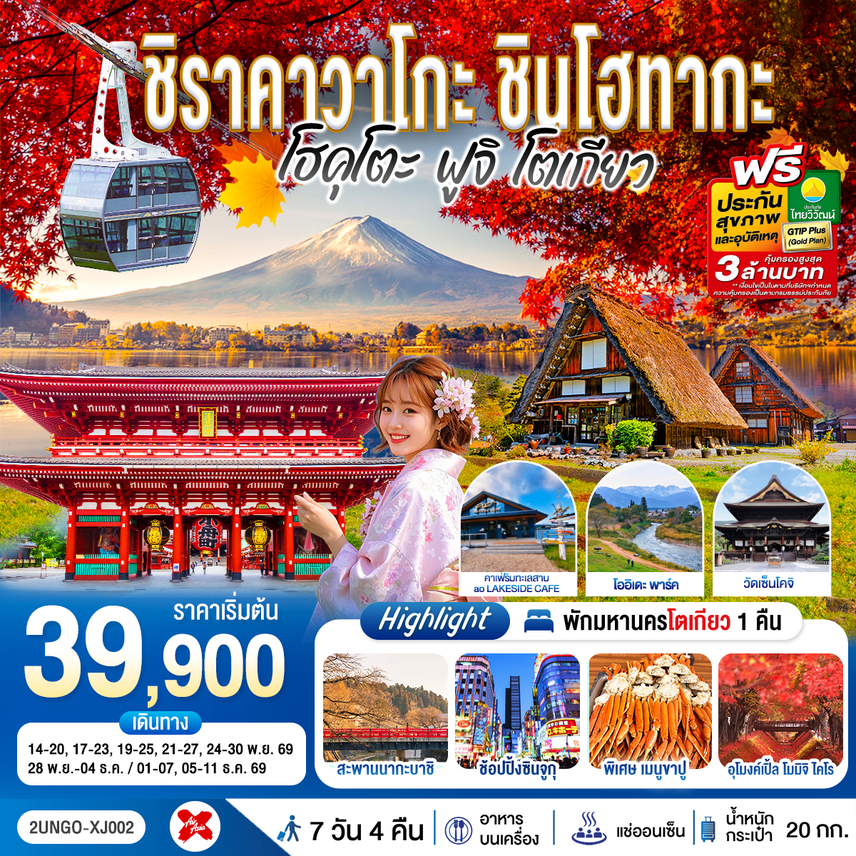 ชิราคาวาโกะ ชินโฮทากะ โฮคุโตะ  ฟูจิ โตเกียว 7วัน 4คืน สายการบิน ไทยแอร์เอเชีย เอ็กซ์